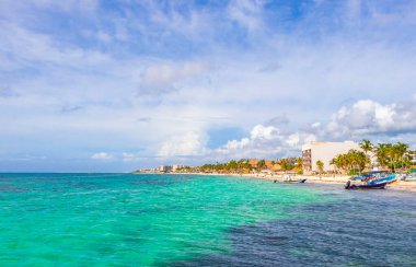 Playa del Carmen 18. August 2021 Tropical mexican beach landscape panorama full of people at beach parties on vacation in Playa del Carmen Mexico.