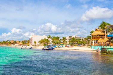 Playa del Carmen 18. August 2021 Tropical mexican beach landscape panorama full of people at beach parties on vacation in Playa del Carmen Mexico.