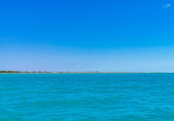 Boat trip tour from Cancun to Island Mujeres Isla Contoy and Whale shark tour with natural tropical seascape panorama and blue turquoise and green clear water view from boat in Quintana Roo Mexico.