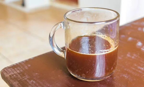 Стеклянная Чашка Черного Кофе Мексики Деревянном Фоне Чистой Кухне — стоковое фото