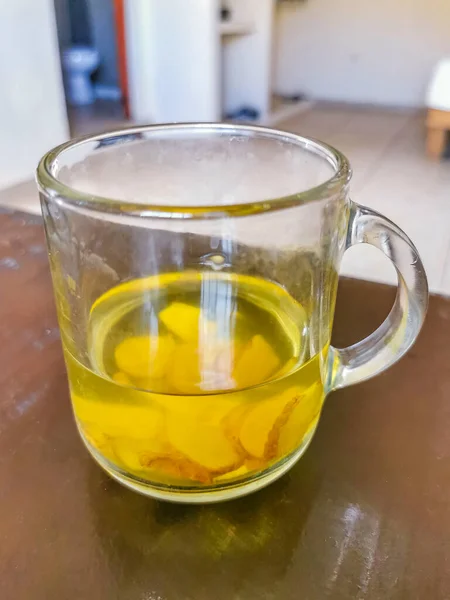 Glass Cup Pot Hot Ginger Tea Wooden Table Mexico — Stockfoto