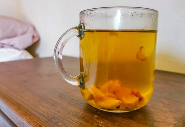 Glass Cup Pot Hot Ginger Tea Wooden Table Mexico — Stok fotoğraf