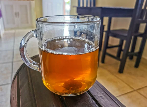 Glass Cup Pot Hot Ginger Tea Wooden Table Mexico —  Fotos de Stock