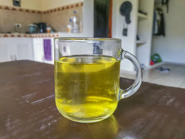 Glass Cup Pot Hot Ginger Tea Wooden Table Mexico — Stockfoto