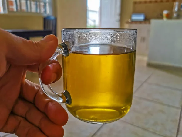 Glass Cup Pot Hot Ginger Tea Wooden Table Mexico —  Fotos de Stock