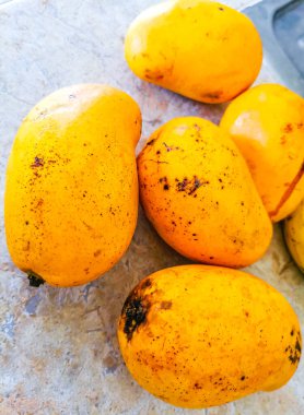 Mangos bananas tomatoes fruits and vegetables on the table for preparing breakfast or lunch in Playa del Carmen Mexico.