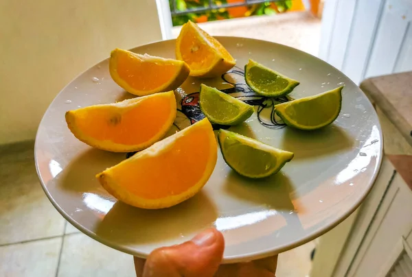 Oranges Limes Grapes Lemon Citrus Fruits White Plate Preparing Breakfast — Foto de Stock