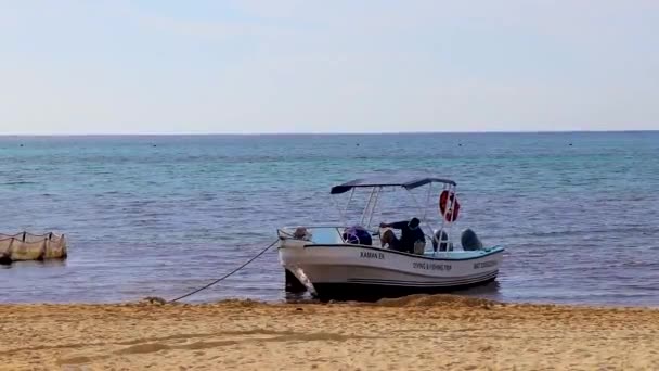 プラヤ カルメンメキシコ18 2021年8月プラヤデルカルメンメキシコのターコイズブルーの水で熱帯メキシコのビーチパノラマビューでボートやヨット — ストック動画