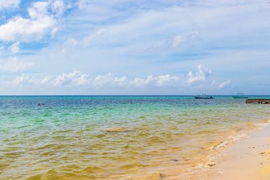 Playa del Carmen Mexico 'da berrak turkuaz mavi suyu olan tropik Meksika sahili manzarası..