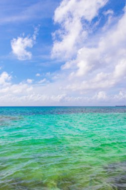 Playa del Carmen Mexico 'da berrak turkuaz mavi suyu olan tropik Meksika sahili manzarası..