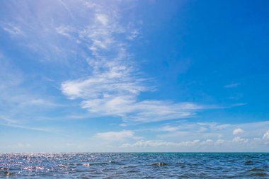 Playa del Carmen Mexico 'da berrak turkuaz mavi suyu olan tropik Meksika sahili manzarası..