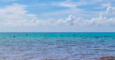 Playa del Carmen Mexico 'da berrak turkuaz mavi suyu olan tropik Meksika sahili manzarası..