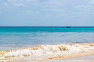 Playa del Carmen Meksika 'da berrak mavi turkuaz mavi su ve dalgalarla tropik Meksika sahili manzarası.