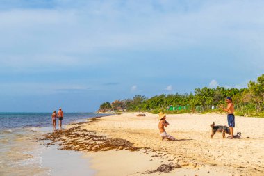 Playa del Carmen 18. August 2021 Tropical mexican beach landscape panorama full of people at beach parties on vacation in Playa del Carmen Mexico.