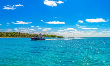 Turkuaz mavi palmiye ağaçları mavi gökyüzü ve doğal tropikal plajlar orman ve tekneler Quintana Roo Mexico 'daki Contoy adasında iskeleler ve yatlar..