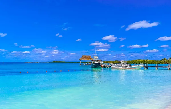 Contoy Island Mexico 2022年2月ターコイズブルーの水のヤシの木と素晴らしい景色のパノラマビュー自然熱帯のビーチとボートキンタナ メキシコのコントイ島の桟橋ヨット — ストック写真