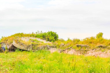 Doğal lezbiyen hendeği taşları çimen çimi deniz yosunu manzarası panorama manzaralı Bremerhaven Kuzey Denizi kıyısı Langluetjen adası Nordenham Wesermarsch Aşağı Saksonya Almanya.