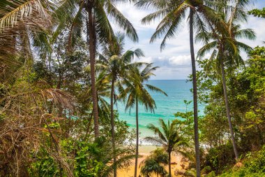 Ahşap merdivenler Nai Thon Plaj Koyu 'na iniyor ve manzara manzarası turkuaz berrak su ve Phuket Adası Tayland' daki Sakhu Thalang 'da dalgalarla dolu güzel bir rüya sahili..