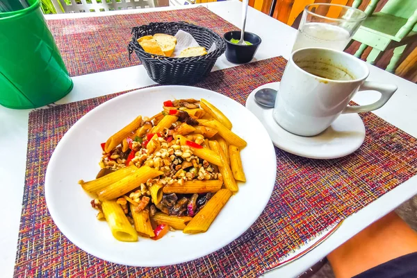 Copa Café Americano Negro Plato Jugo Pan Comida Bebida Restaurante — Foto de Stock