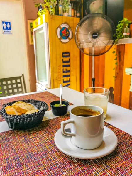 Kopje Zwarte Americano Koffie Brood Sap Schotel Eten Drinken Het — Stockfoto