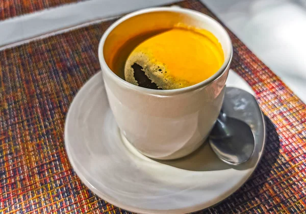 Glass Cup Americano Black Coffee Spoon Plate Table Food Drink —  Fotos de Stock