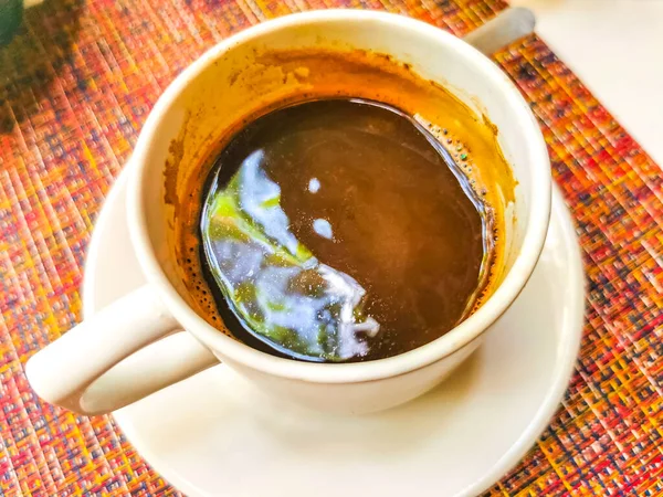Glass Cup Americano Black Coffee Spoon Plate Table Food Drink — Stock fotografie
