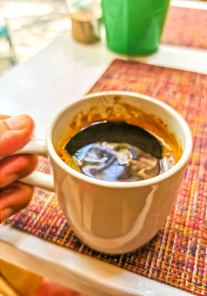 Glass Cup Americano Black Coffee Spoon Plate Table Food Drink — Fotografia de Stock