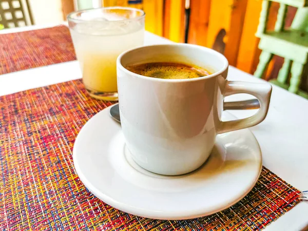 Glass Cup Americano Black Coffee Spoon Plate Table Food Drink — Stockfoto