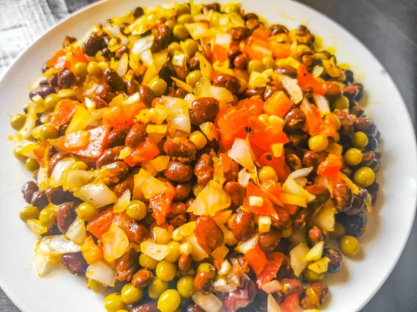 Vegetable Dish Soup Beans Peas Potatoes Onions Tomato Garlic White — Fotografia de Stock