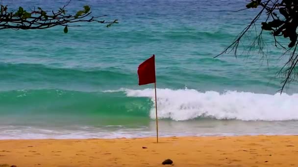 ナイトン ビーチの赤い旗と美しい夢のビーチのパノラマとターコイズブルーの澄んだ水と波があるプーケット島のサク タランプーケット島東南アジアタイ — ストック動画