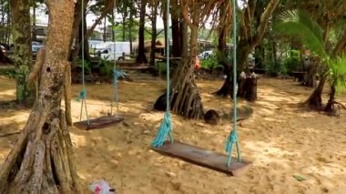 Nai Thon sahilindeki ağaçta sallanmak ve manzara manzarası turkuaz berrak su ve Phuket adası Tayland 'daki Sakhu Thalang' da dalgalar ile güzel bir rüya sahili..