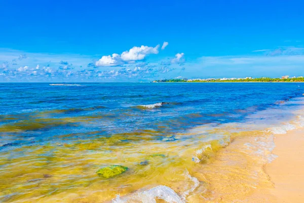 墨西哥普莱亚德尔卡门的热带墨西哥海滩景观全景和蓝水蓝绿色的加勒比海 — 图库照片