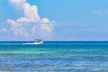 Playa 88 ve Playa del Carmen Quintana Roo Meksika 'daki Punta Esmeralda' dan tropikal Meksika sahili manzaralı rıhtımda vapur vapuru iskelesi ve limanı..