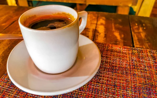 Glass Cup Americano Black Coffee Spoon Plate Table Food Drink — Zdjęcie stockowe