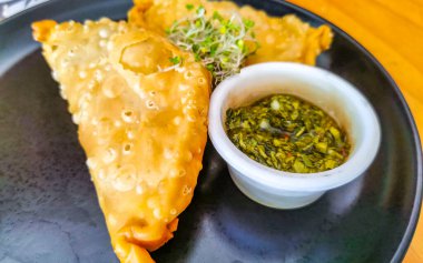 Playa del Carmen Quintana Roo Mexico 'da bitkisel soslu lezzetli Arjantin ve Meksika börekleri.