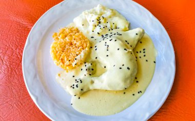 Tipik Meksika yemeği. Playa del Carmen Quintana Roo Mexico 'da tavuk budu, nachos taco..