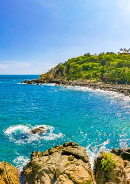 Son derece güzel büyük sörfçü Zicatela Puerto Escondido Oaxaca sahilinde kayalıkları taşları ve kayaları sallıyor..