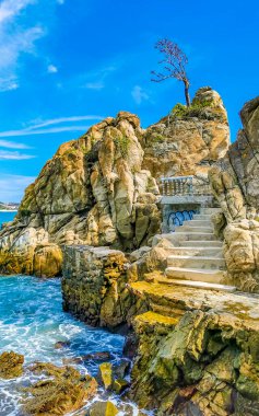 Son derece güzel büyük sörfçü Zicatela Puerto Escondido Oaxaca sahilinde kayalıkları taşları ve kayaları sallıyor..