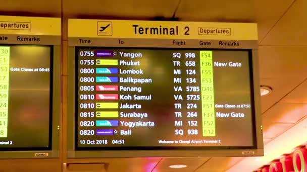 東アジアの国際空港に到着する黄色の空港時刻表 Changi Singapore — ストック動画