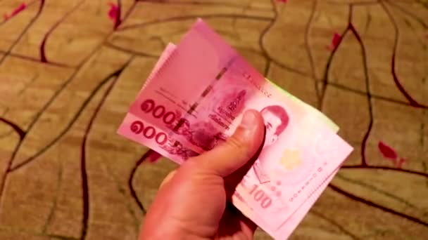 Thailändische Baht Münzen Und Banknoten Auf Dem Flughafen Von Changi — Stockvideo