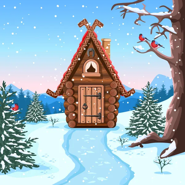 屋根に刻まれたトリム 運のための馬蹄形の丸太で作られたおとぎ話の小屋 冬の森の中の古い村の家 漫画風のベクトルイラスト 冬の妖精の背景 — ストックベクタ