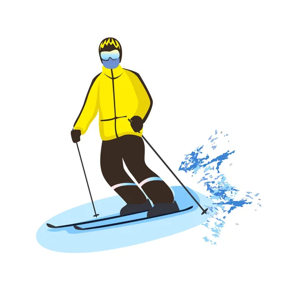 一个穿着滑雪服的男人在滑雪 冬季娱乐和体育活动 积极的生活方式 极限运动在白色背景上孤立的向量图 — 图库矢量图片