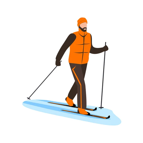 スキースーツの男はスキーです 冬のレクリエーションやスポーツ 積極的なライフスタイル 極端なスポーツだ 白を基調としたベクトルイラスト — ストックベクタ