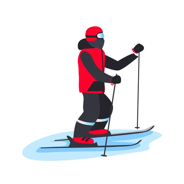 スキースーツの男はスキーです 冬のレクリエーションやスポーツ 積極的なライフスタイル 極端なスポーツだ 白を基調としたベクトルイラスト — ストックベクタ