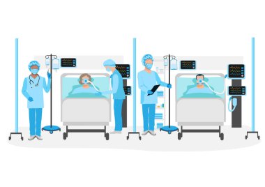 Doktorlar ve hemşireler hastaları suni solunum ile ziyaret ederler. Modern bir yoğun terapi odasının içinde. Hayat kurtardıkları için doktorlar ve hemşireler sağ olsun. Vektör illüstrasyonu.