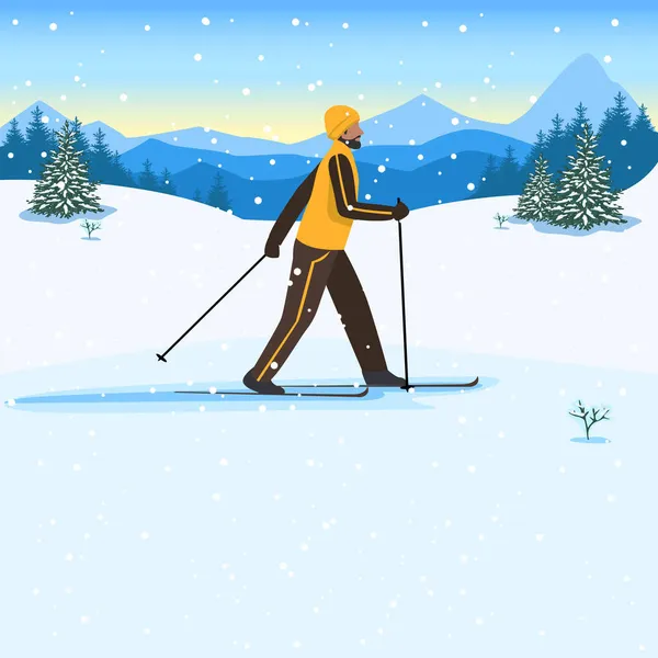 スキースーツ姿の青年のベクトルイラストが森の中でスキーです 冬のレクリエーションやスポーツ 積極的なライフスタイル 極端なスポーツ — ストックベクタ