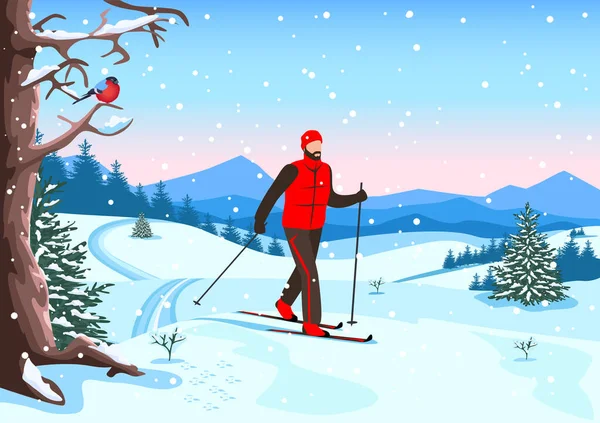 Vektor Illustration Eines Jungen Mannes Skianzug Beim Skifahren Wald Wintererholung — Stockvektor