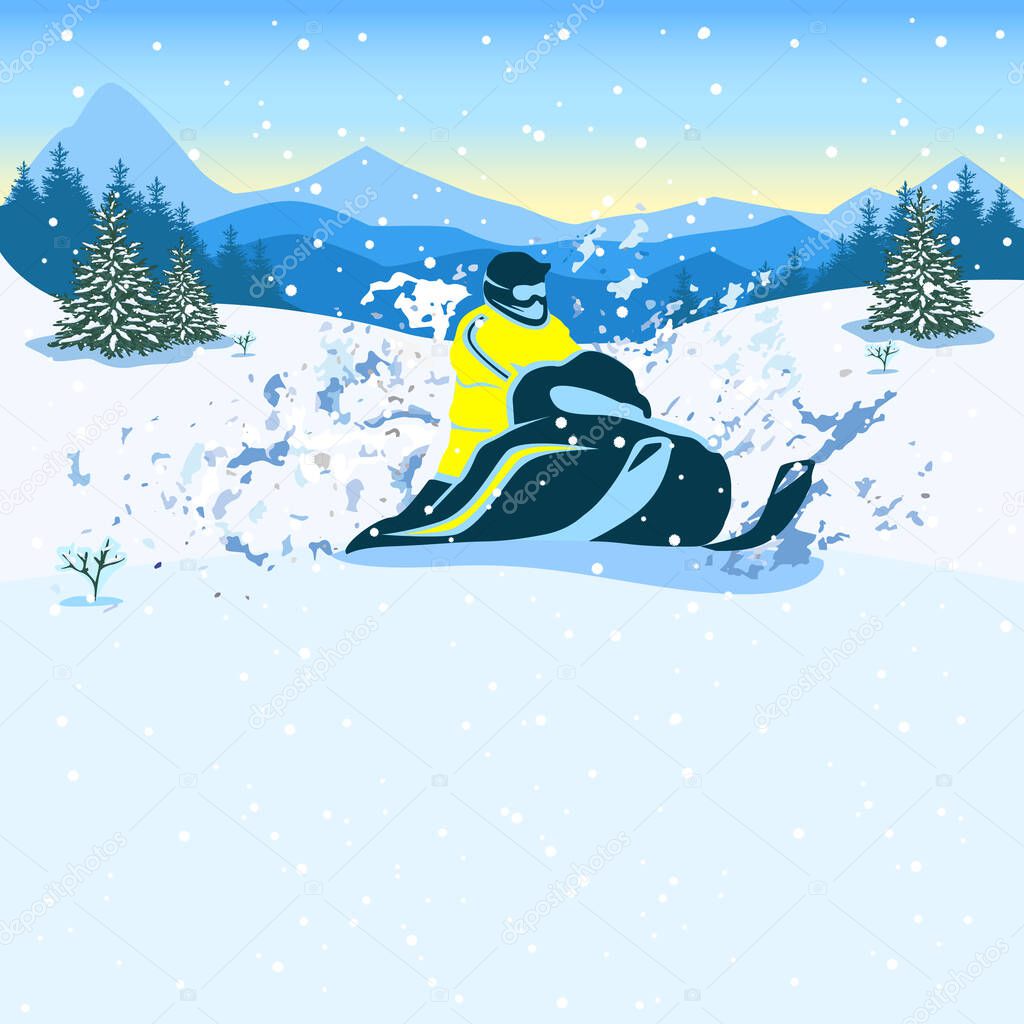 Vector illustration of a young man riding a snowmobile in the forest against the background of mountains. Winter recreation and sports. Active lifestyle. Extreme sports.