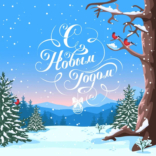 祝您新年快乐 还有俄语的石灰铭刻 邀请函或海报的矢量说明模板 — 图库矢量图片