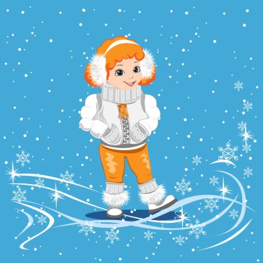 Kışlık giysiler içinde küçük şirin bir kız kış arka planında dışarı çıkıyor. Posta kartı, el ilanı ya da poster için vektör illüstrasyon şablonu. Noel havası.